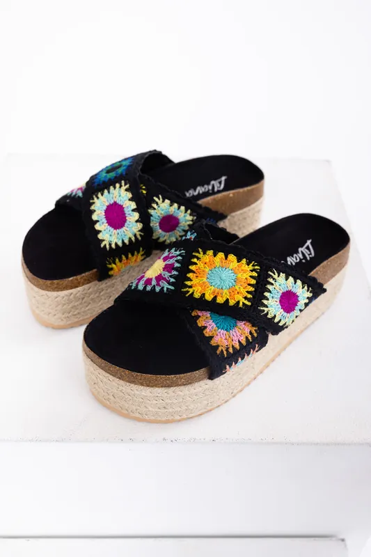 Black Multicolor Crochet Espadrille Sandals - Liliana