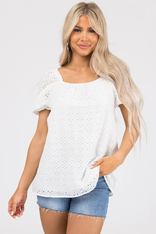 Off White Eyelet Detail Puff Half Sleeve Top - Hayden