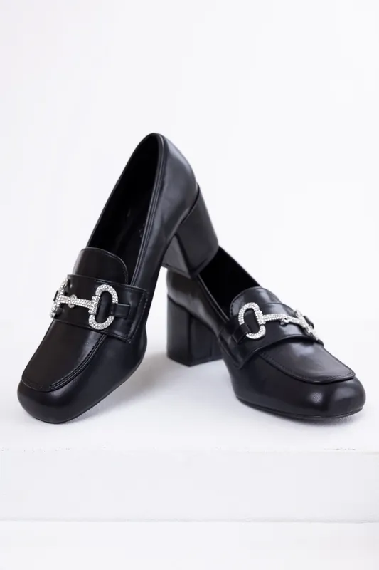 Black Faux Leather Block Heel Loafers - JP ORIGINAL CORP