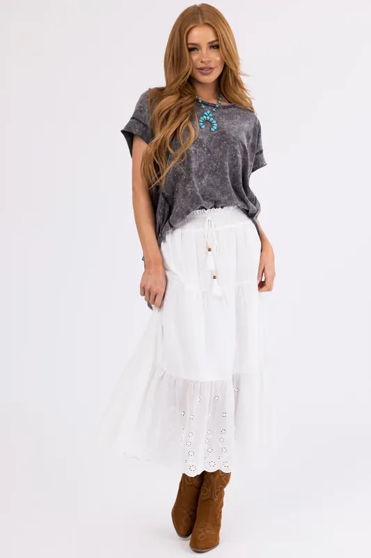 Off White Eyelet Detail Tiered Midi Skirt - Hem & Thread