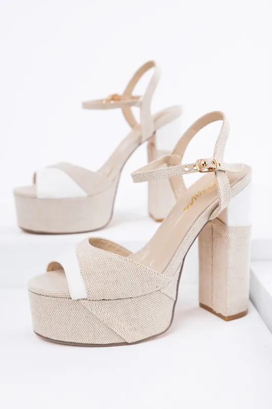 Natural Linen Patchwork Platform High Heels - Liliana