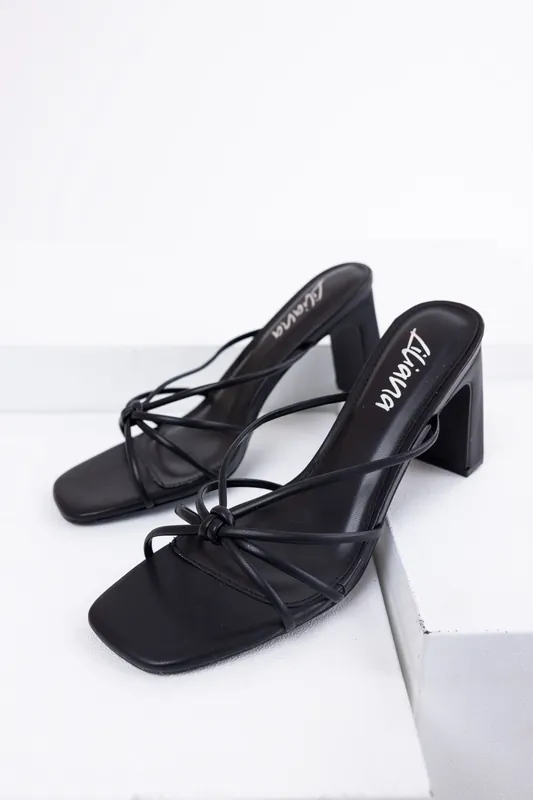 Black Strappy Knot Slip On Dress Heels - Liliana