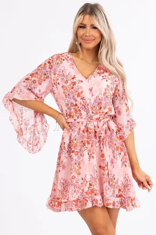 Blush Floral Print Half Sleeve Short Dress - Dresses by Lily