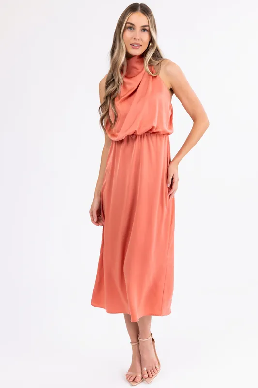 Coral Satin Halter Sleeveless Midi Dress - Dresses by Lily