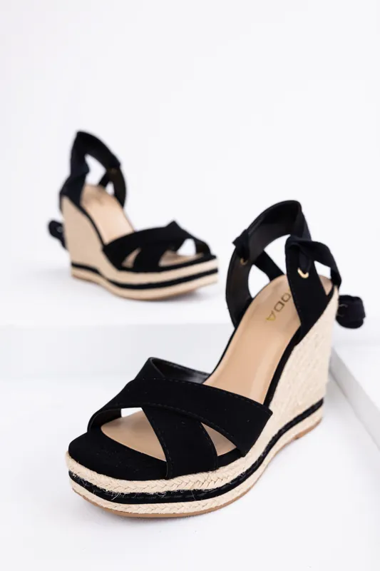 Black Cross Strap Lace Up Espadrille Wedges - FORTUNE DYNAMIC