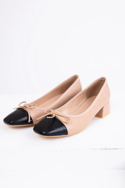 Nude Contrast Toe Low Heel Ballerina Shoes - Berness