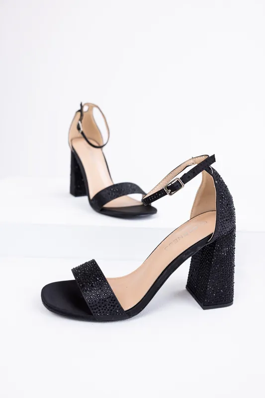 Black Sequined Satin Block Heels - Berness