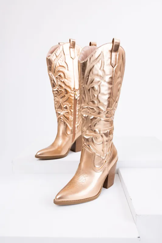 Champagne Faux Leather Metallic Western Boots - Berness