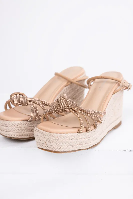 Rose Gold Rhinestone Strappy Espadrille Wedges - Berness