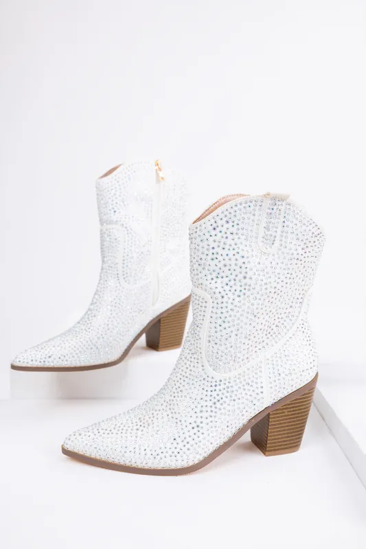 White Rhinestone Embellished Pointed Toe Booties - Berness