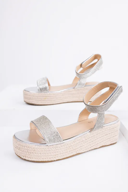 Silver Rhinestone Espadrille Platform Sandals - Berness