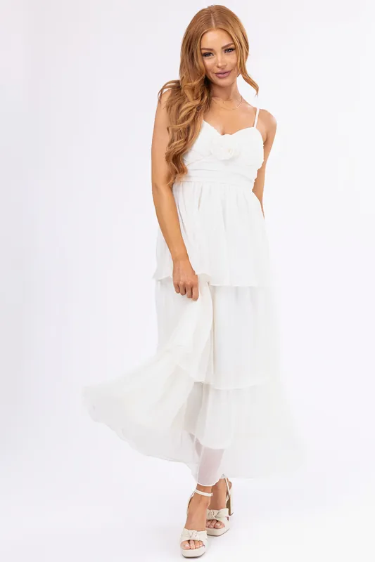 Cream Flower Detail Ruffle Tiered Chiffon Dress - Blu Pepper