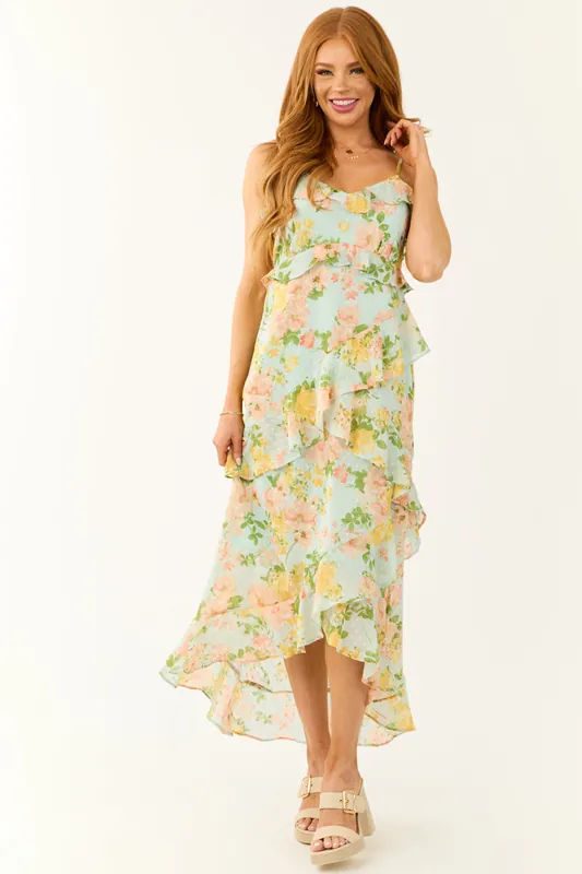 Arctic Blue Floral Clip Dot Ruffle Midi Dress - Blu Pepper