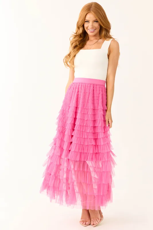 Magenta Ruffle Tulle Elastic Maxi Skirt - Dresses by Lily