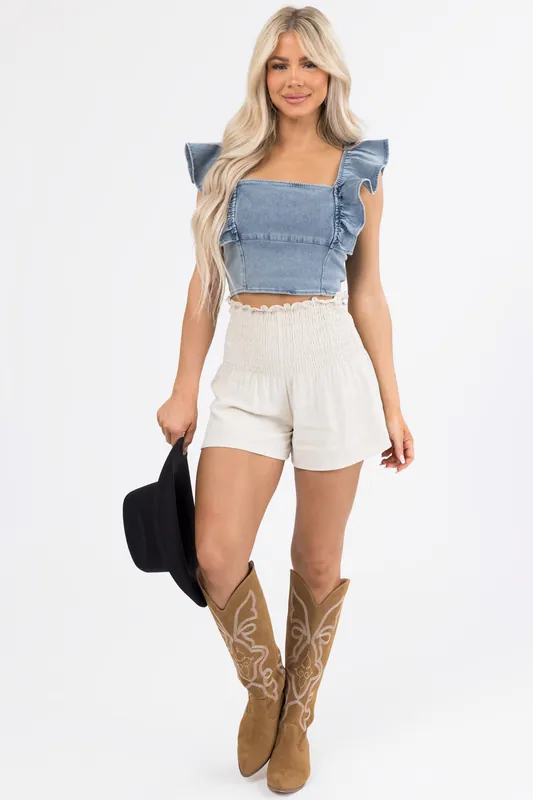 Oatmeal Wide Smocked Waist Linen Shorts - Vanilla Bay