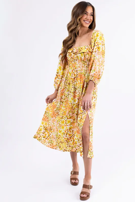 Buttercream Floral Print Smocked Midi Dress - Saints and Hearts