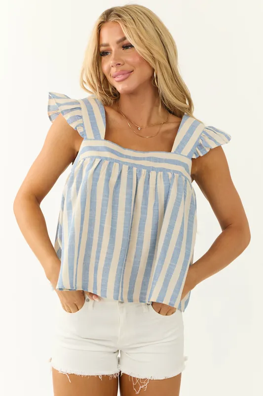 Beige and Cornflower Striped Ruffle Sleeve Top - In February