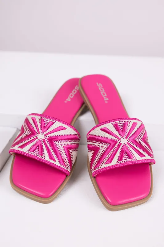 Hot Pink Aztec Band Square Toe Slide Sandals - FORTUNE DYNAMIC