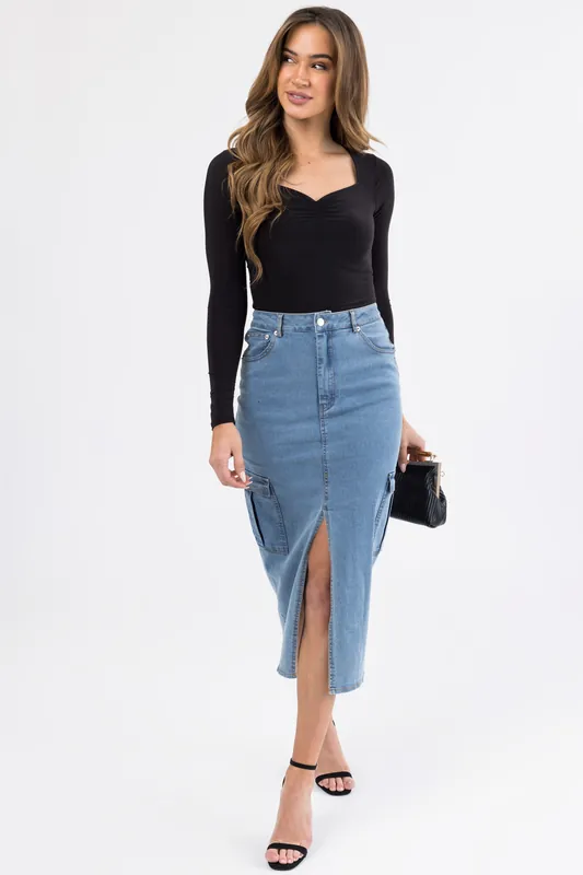 Medium Wash Denim Midi Skirt with Slit - Edit by Nine