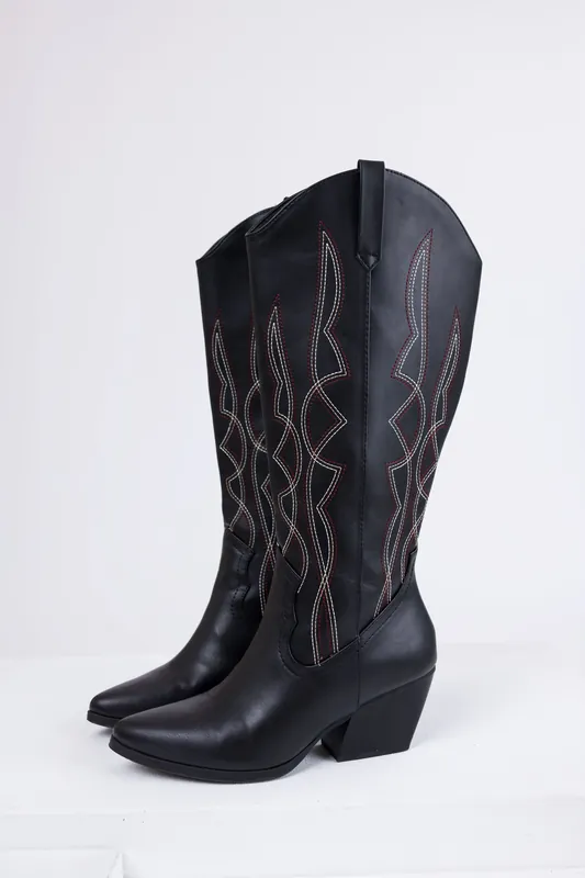 Black Western Style Knee High Boots - FORTUNE DYNAMIC