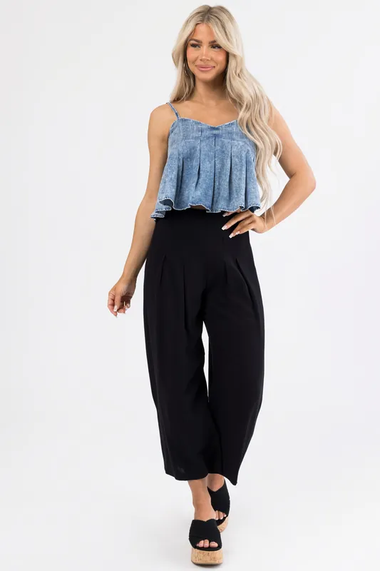 Black Pleated Cropped Palazzo Pants - Wasabi+Mint