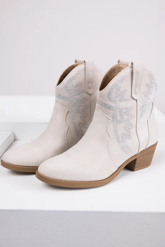 Coconut Rhinestone Detail Western Booties - FORTUNE DYNAMIC