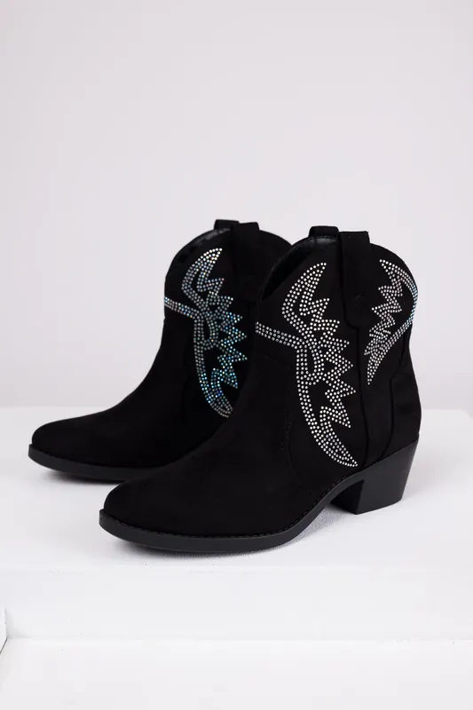 Black Rhinestone Detail Western Booties - FORTUNE DYNAMIC