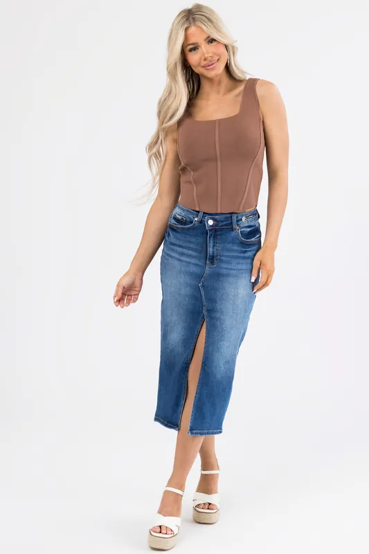 Dark Denim Slit Hem Crossover Midi Skirt - Denim Lab USA