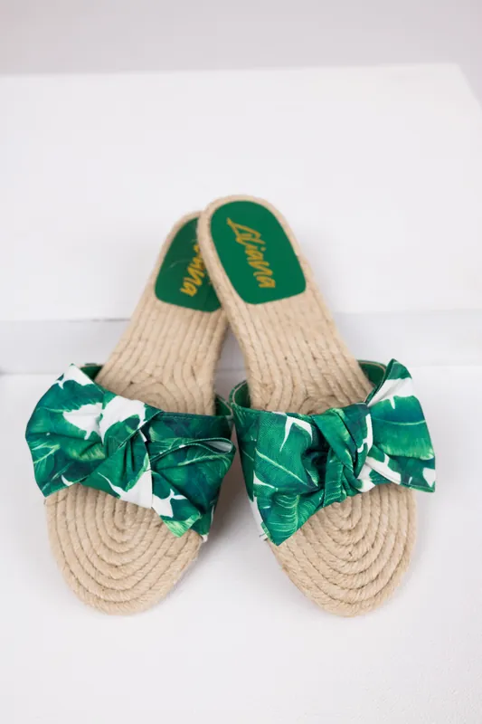 Palm Print Bow Strap Flat Espadrille Sandals - Liliana