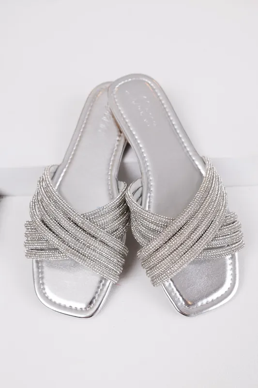 Silver Rhinestone Cross Strap Slide Sandals - Liliana