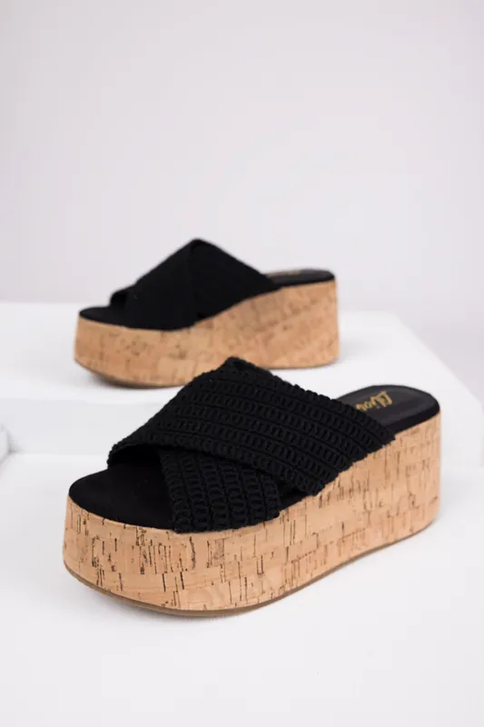 Black Crochet Cross Strap Cork Platform Wedges - Liliana