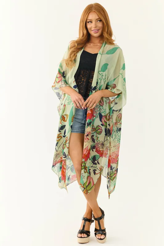 Sage Lightweight Floral Lotus Print Kimono - Urbanista