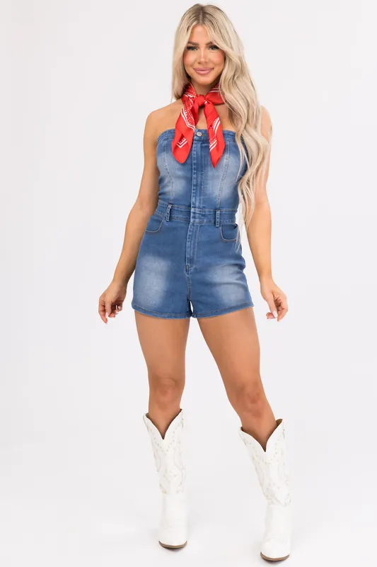 Medium Wash Denim Strapless Zip Up Romper - GeeGee