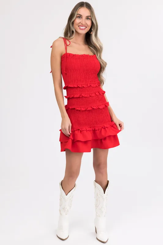 Lipstick Smocked Sleeveless Ruffle Short Dress - AND THE WHY