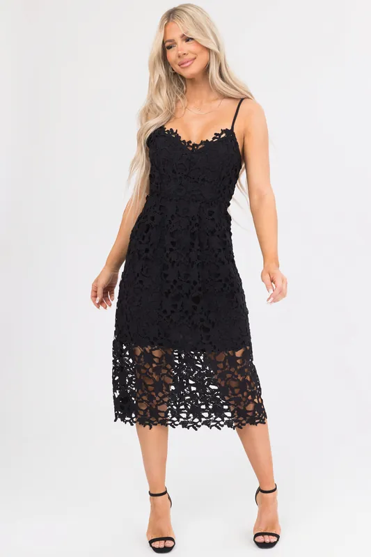 Black Crochet Lace Sleeveless Midi Dress - Bluivy