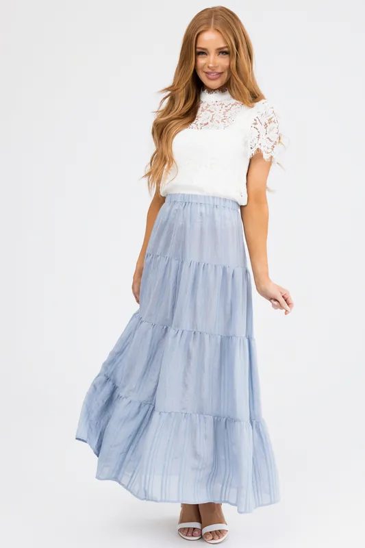 Powder Blue Textured Tiered Maxi Skirt - Miss Sparkling
