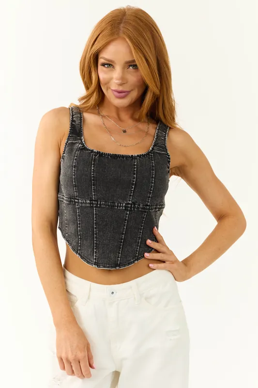 Washed Black Denim Sleeveless Corset Top - Baby Pink