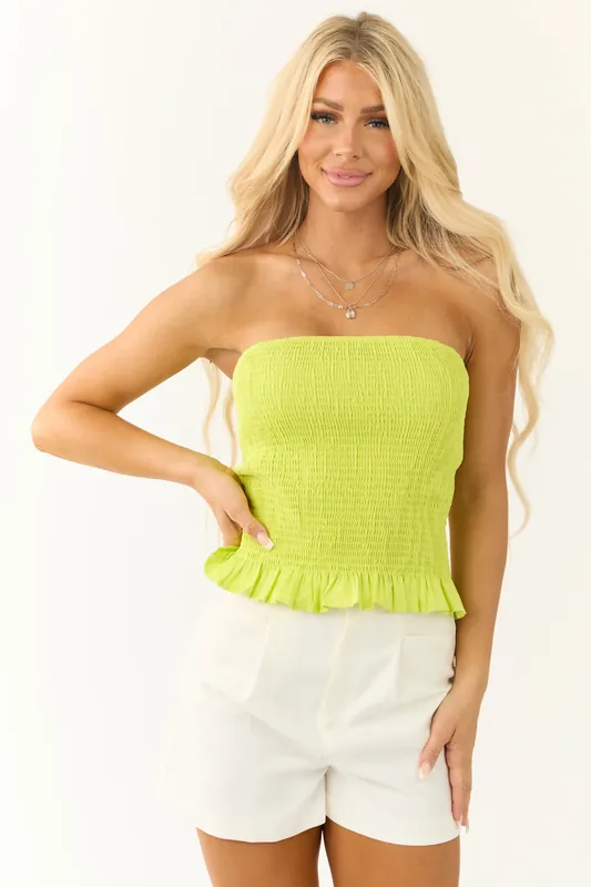 Lime Smocked Lettuce Trim Strapless Top - Fore Collection