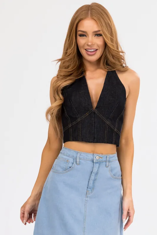 Black Denim Deep V Halter Neck Crop Top - Baby Pink