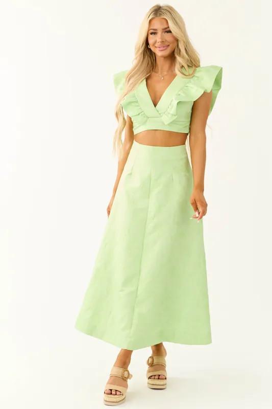 Light Lime Floral Jacquard A Line Midi Skirt - Fore Collection