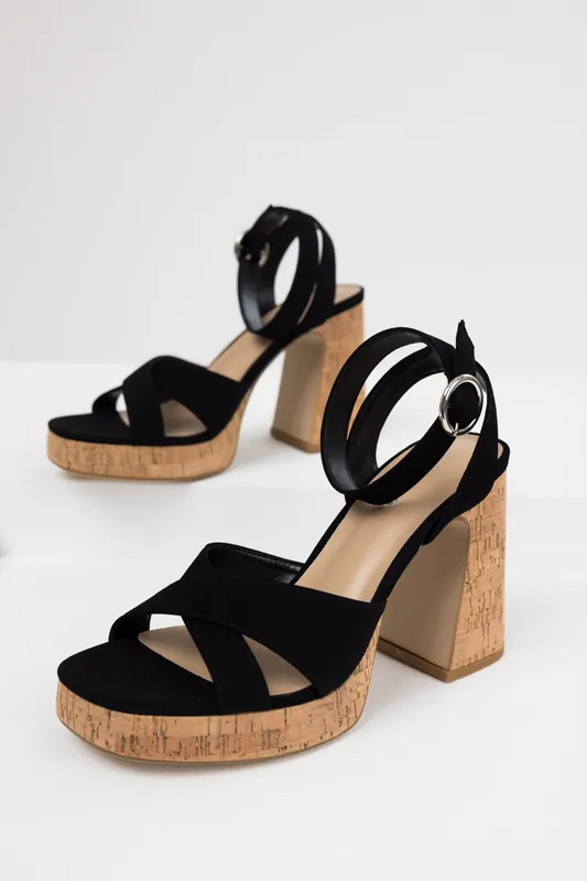 Black Ankle Strap Cork Platform Heels - FORTUNE DYNAMIC