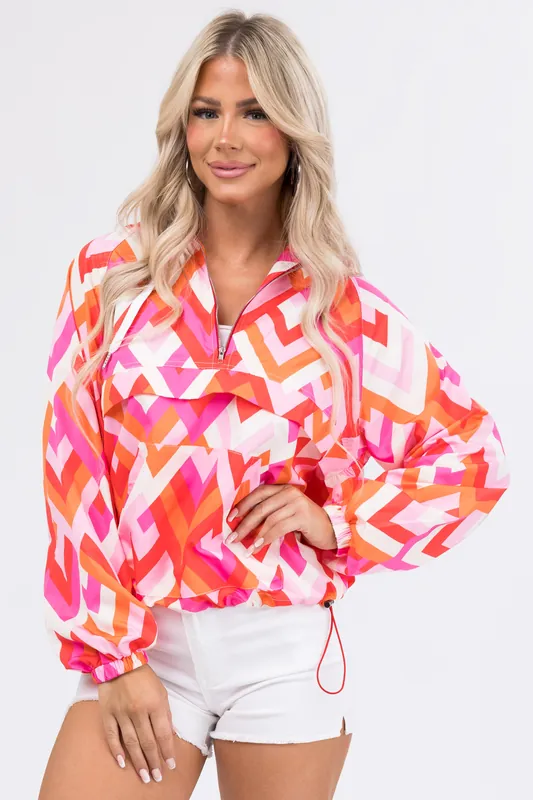 Bright Magenta Geometric Print Windbreaker - Main Strip