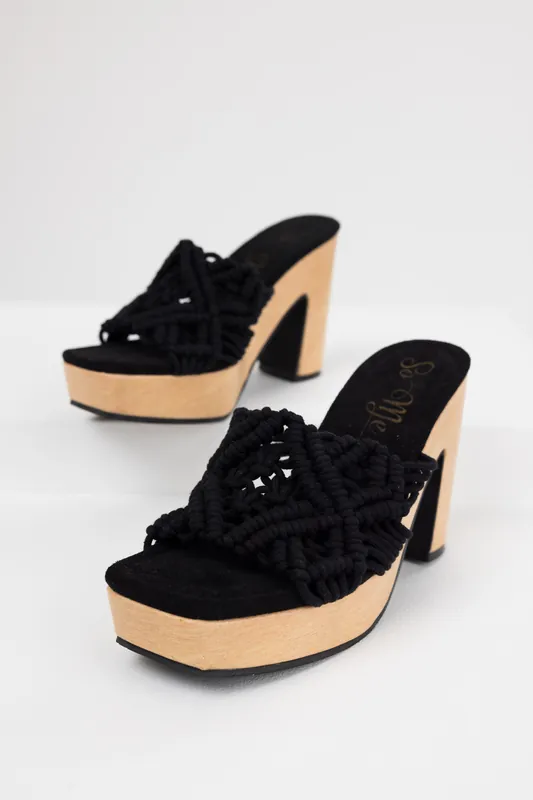 Black Crochet Strap Faux Wood Heels - MACHI FOOTWEAR