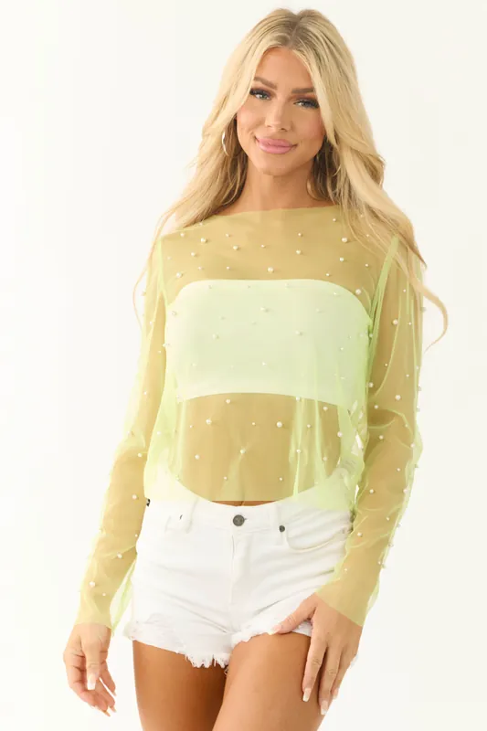 Lime Pearl Detail Long Sleeve Mesh Top - GeeGee