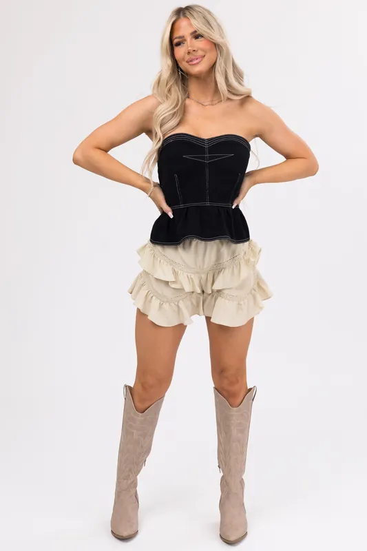 Sand Layered Ruffle Shorts with Lace Details - Baby Pink