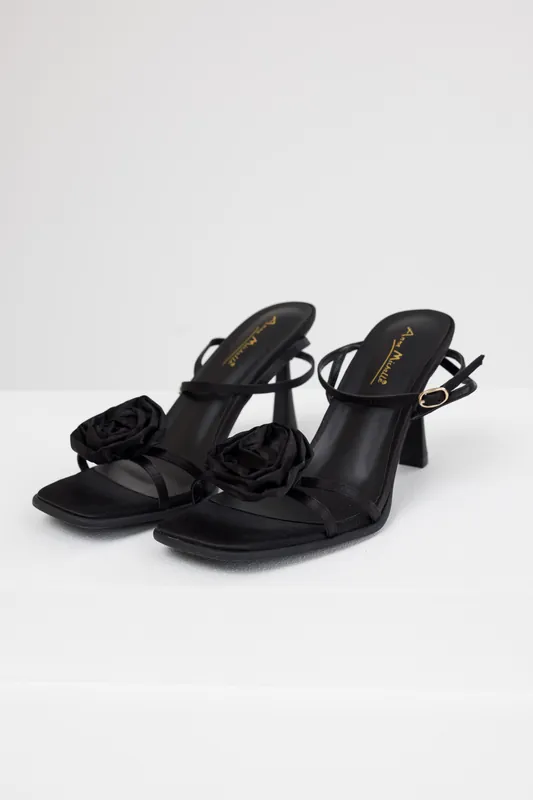 Black Satin Flower Strap Dress Heels - JP ORIGINAL CORP