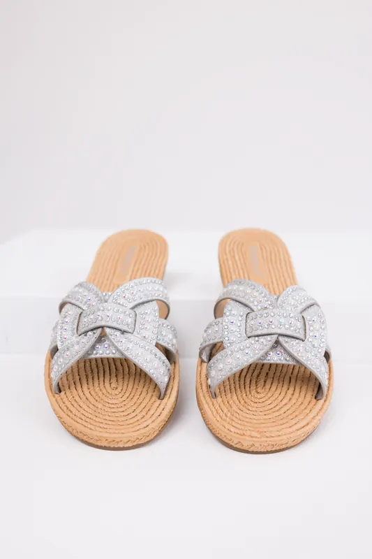 Silver Rhinestone Twisted Strap Sandals - JP ORIGINAL CORP