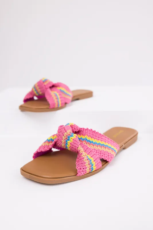 Magenta Knit Strap Open Toe Flat Sandals - JP ORIGINAL CORP