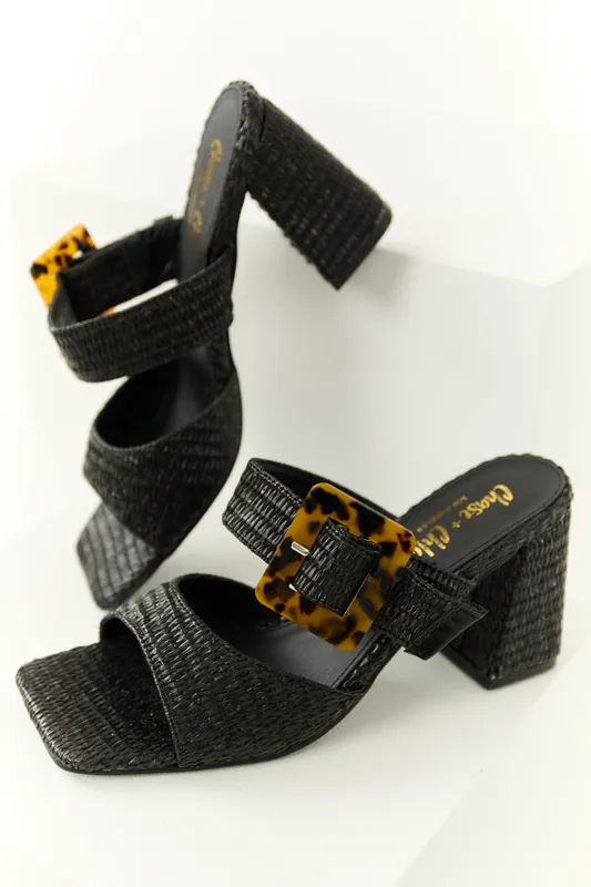 Black Woven Accent Buckle Strap Heels - Intouch Footwear