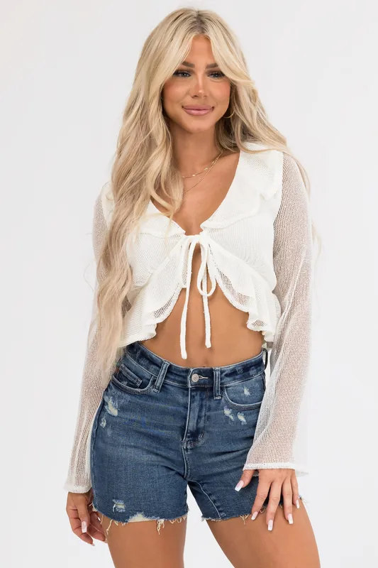 Cream Long Sleeve Mesh Top with Front Tie - Fore Collection